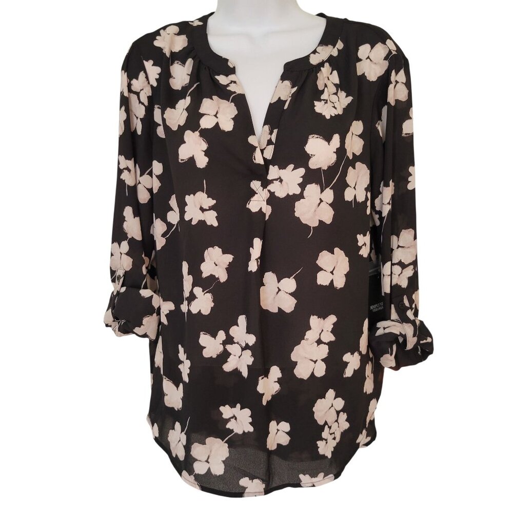 Simply Vera Wang M Black White Floral Print Roll Tab Sleeve‎ Blouse